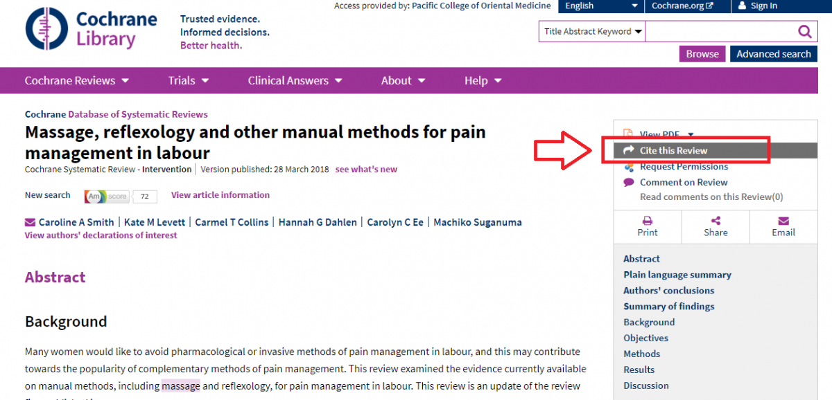 screenshot of Cochrane Library console