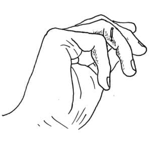 LINE DRAWING: This point is located on the ulnar side of the middle phalange of the ring finger, centered between the second and third finger creases, just palmar to the intersection of the red and white skin.