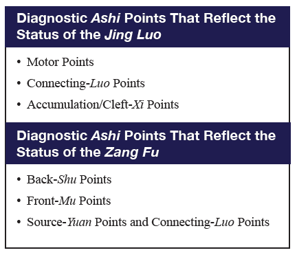 Table describing the two major categories of diagnostic ashi points.